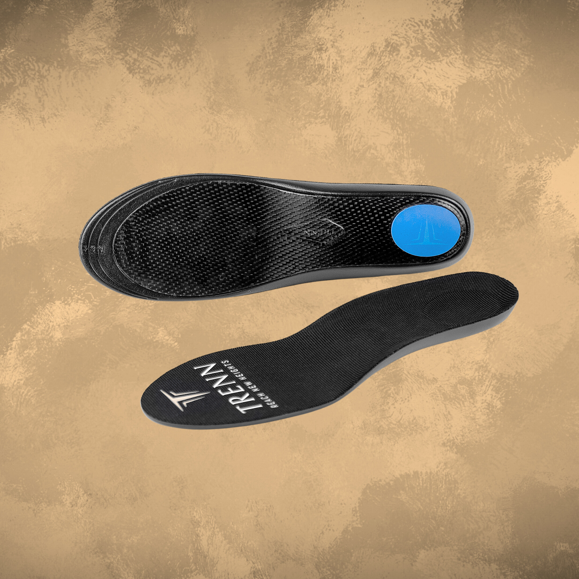 TRENN Carbon fiber insoles,  back  and front side of the insole from the left side angle